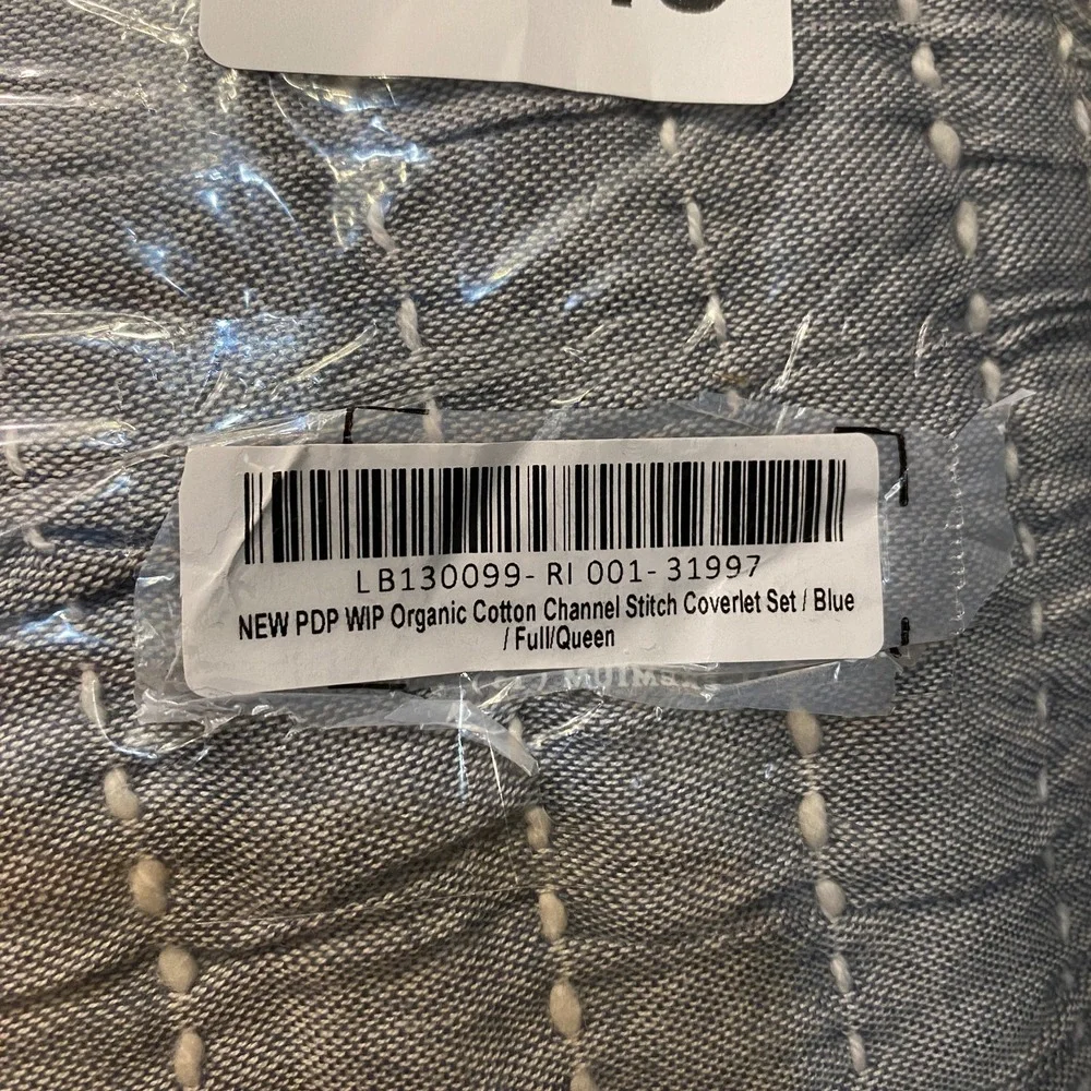 Organic Cotton Channel Stitch Coverlet Set Full/Queen Size Blue with Sham Set